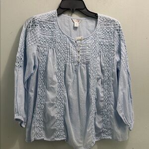 intro. Light Blue Crochet Panel Peasant Blouse